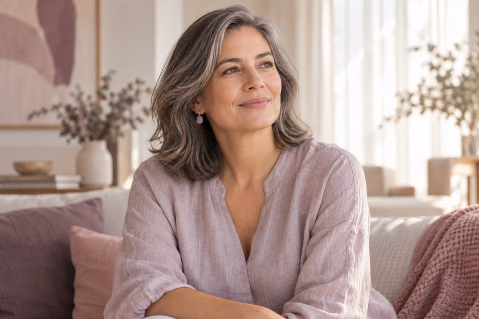 Mulher na faixa dos 50 anos sorrindo com serenidade em ambiente iluminado