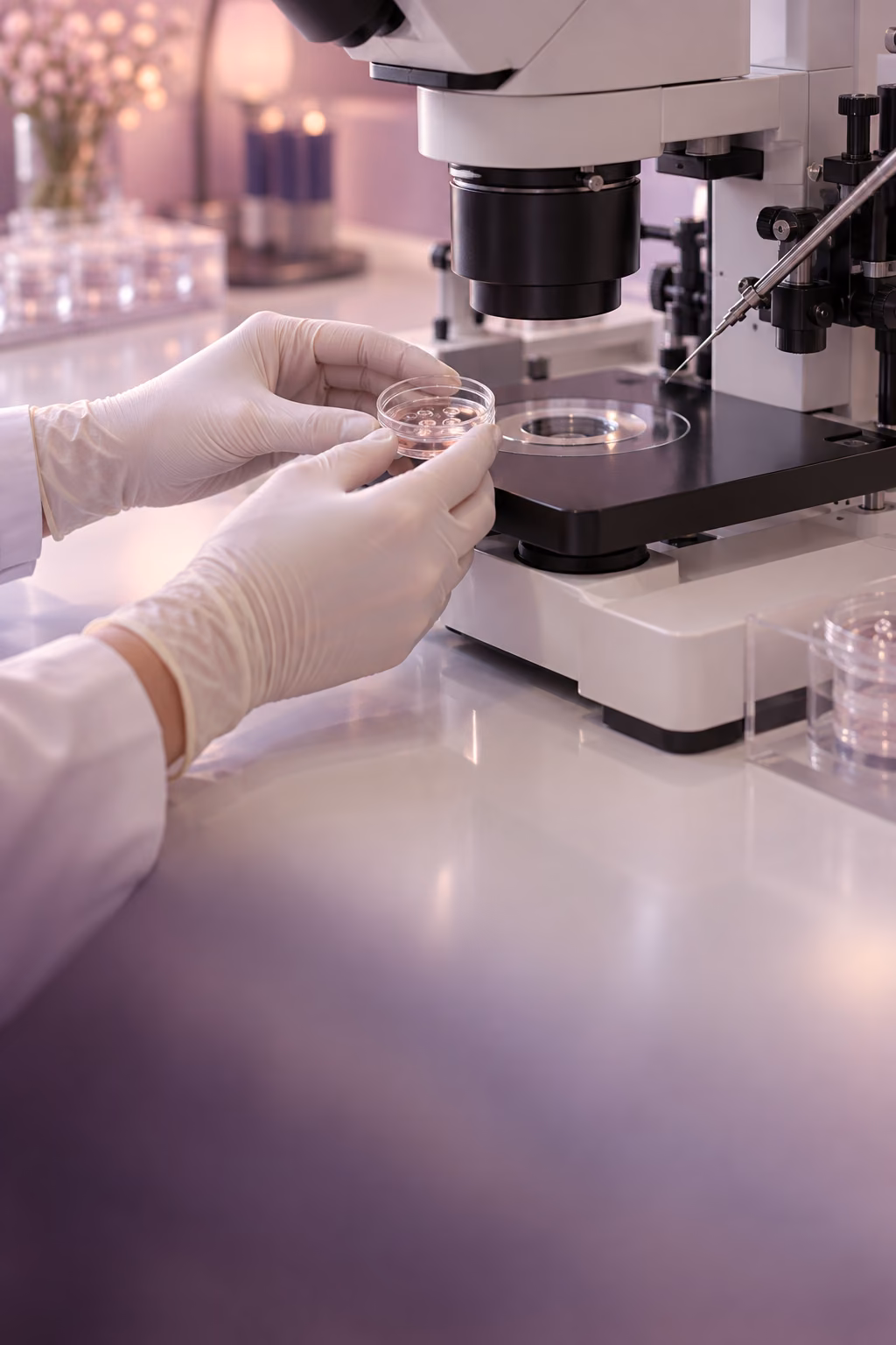 Laboratório de embriologia com microscópio e placas de cultura, iluminado em tons suaves de lilás